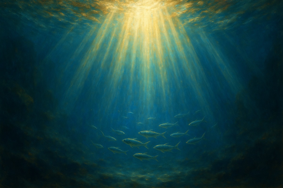 Sunlight in cathedral-like shafts through clear ocean water.