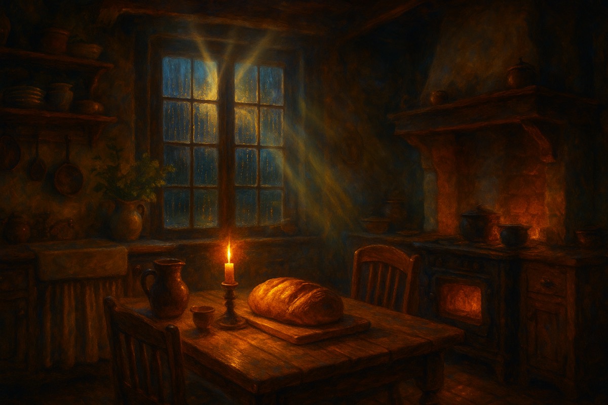 A warm family kitchen at evening with candlelight and bread.