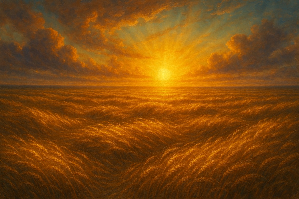 Golden wheat fields moving like waves beneath a glowing sunset.