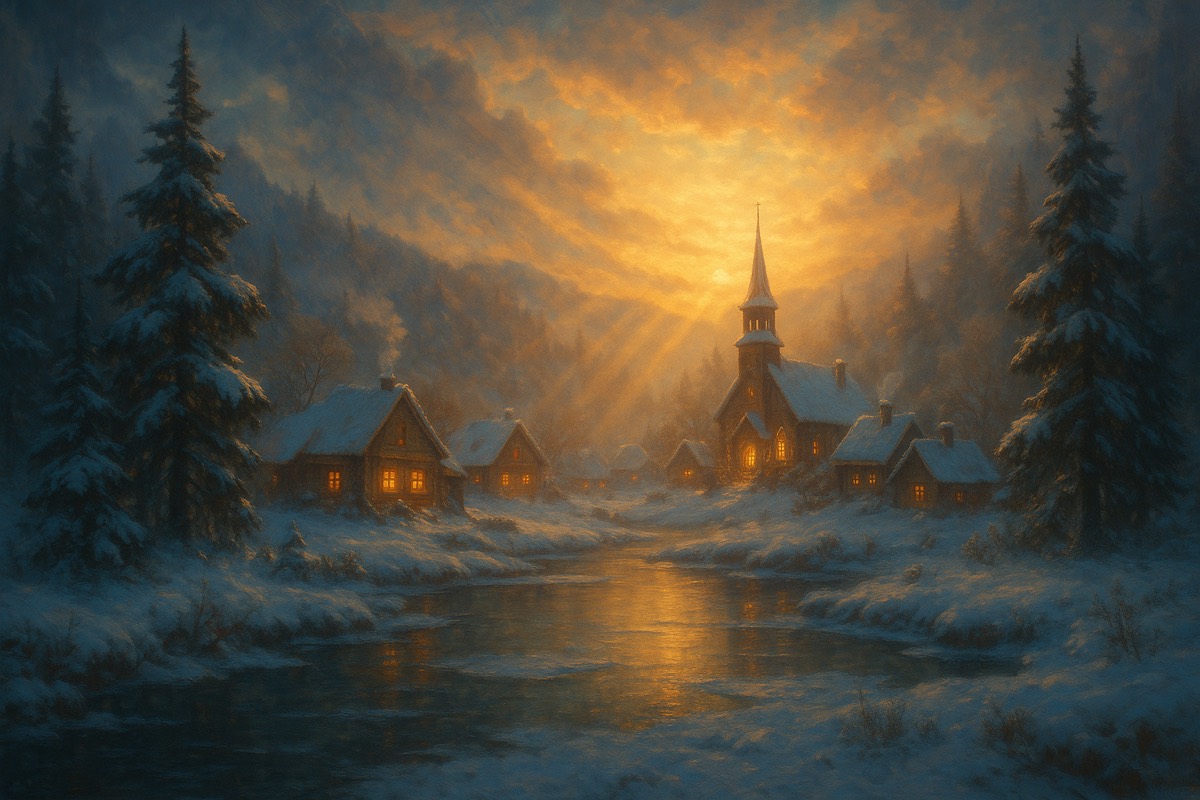 A snow-covered village at dawn with warm glowing windows.