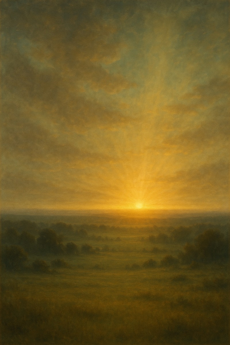 Dawn breaking over a quiet landscape